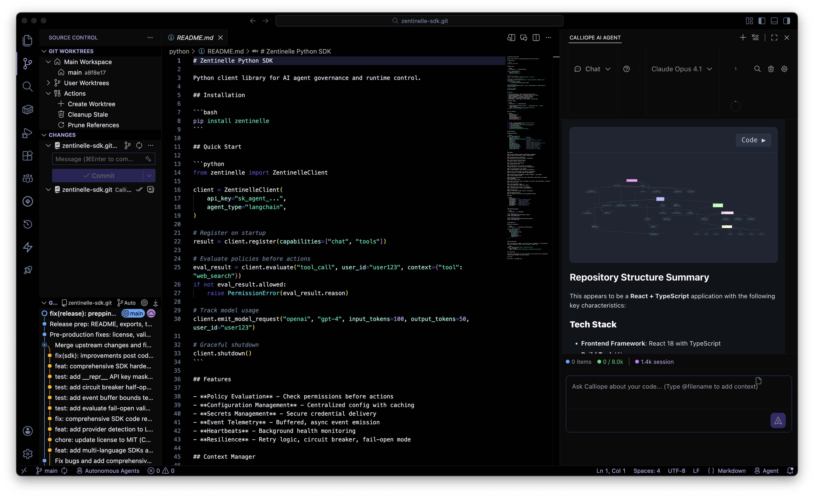 Calliope AI IDE — an autonomous agent in the side panel summarizing a repository's structure and tech stack next to the code editor