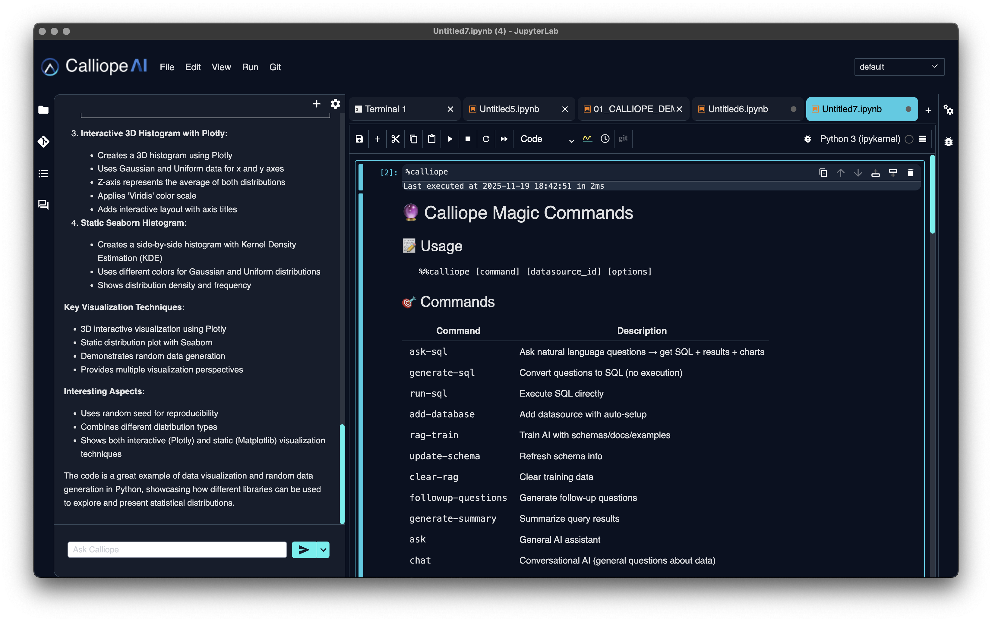 Calliope magic commands reference in AI Lab — ask-sql, run-sql, add-database and RAG commands for querying connected data sources in plain English