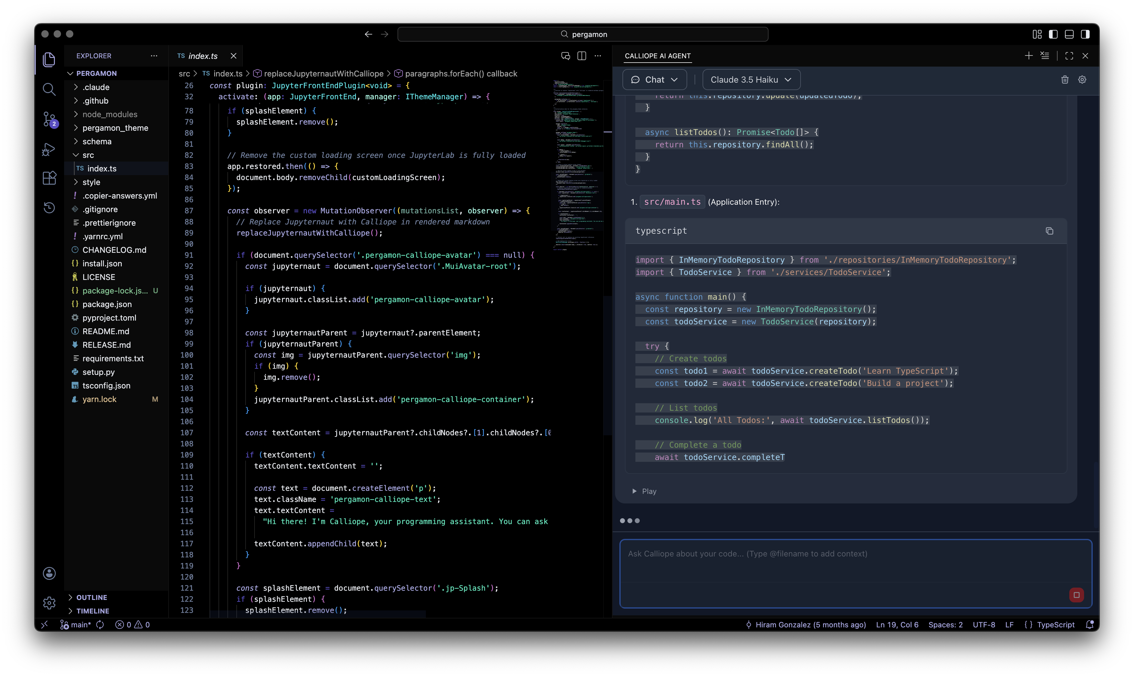 Calliope AI IDE agent panel generating TypeScript code that is staged into the editor for human review before it is applied